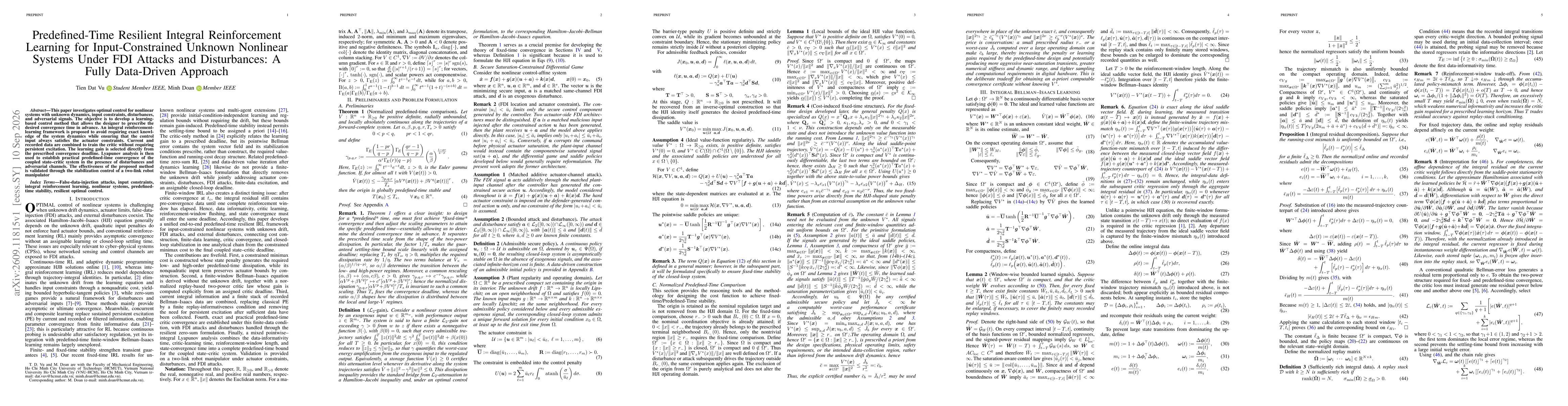Thumbnail for Predefined-Time Resilient Integral Reinforcement Learning for Input-Constrained Unknown Nonlinear Systems Under FDI Attacks and Disturbances: A Fully Data-Driven Approach