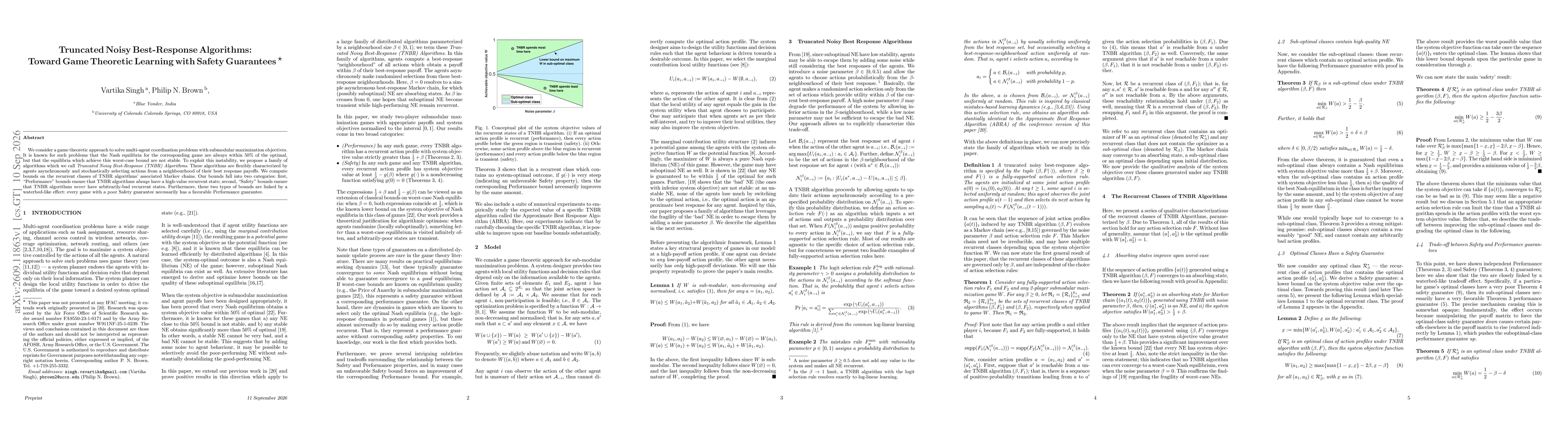Thumbnail for Truncated Noisy Best-Response Algorithms: Toward Game Theoretic Learning with Safety Guarantees