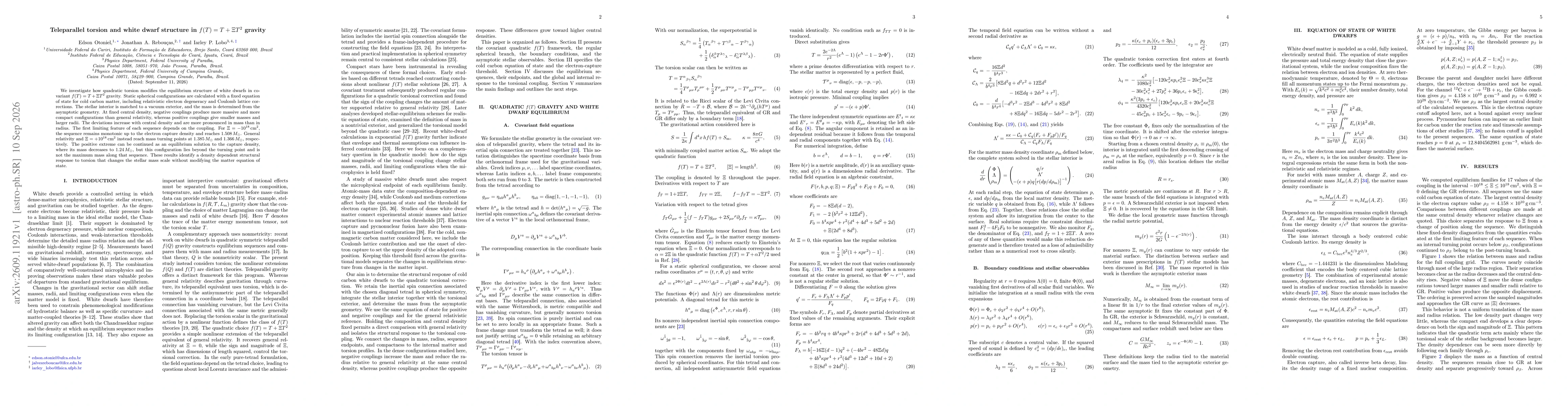 Thumbnail for Teleparallel torsion and white dwarf structure in \(f(T)=T+ΞT^2\) gravity