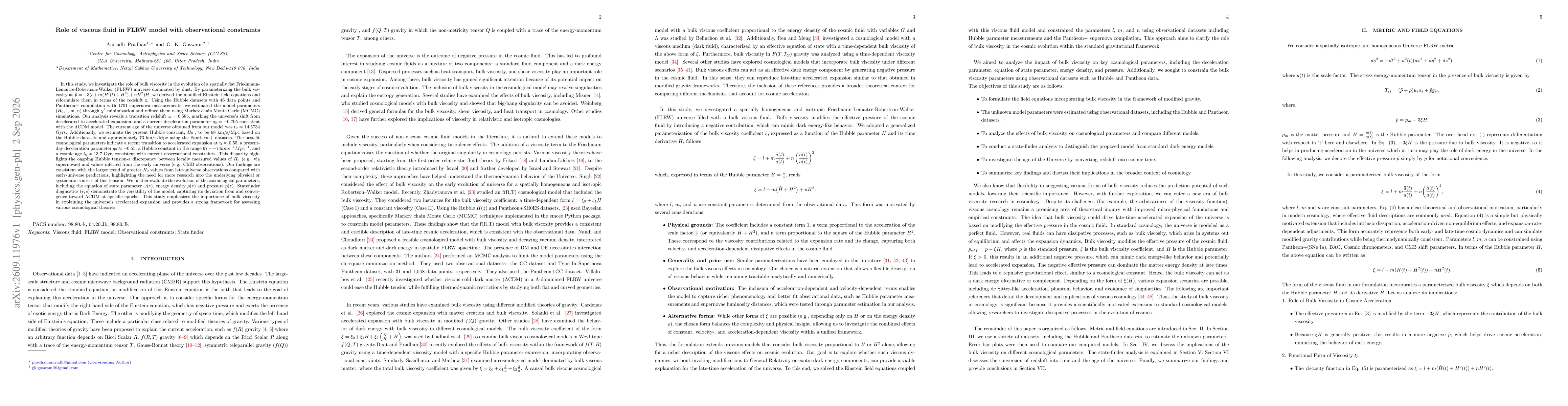 Thumbnail for Role of viscous fluid in FLRW model with observational constraints