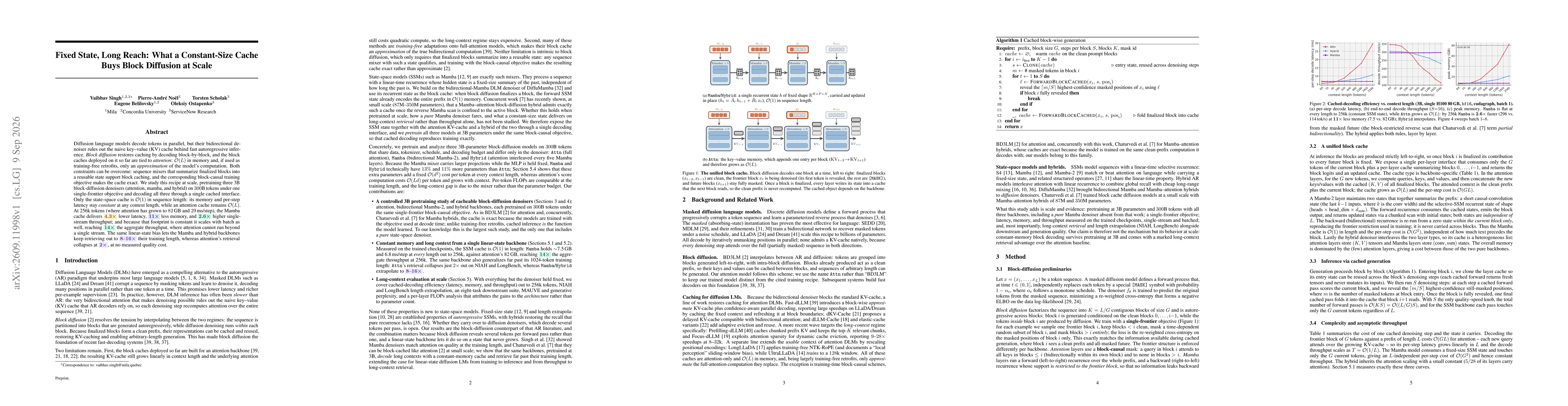 Thumbnail for Fixed State, Long Reach: What a Constant-Size Cache Buys Block Diffusion at Scale