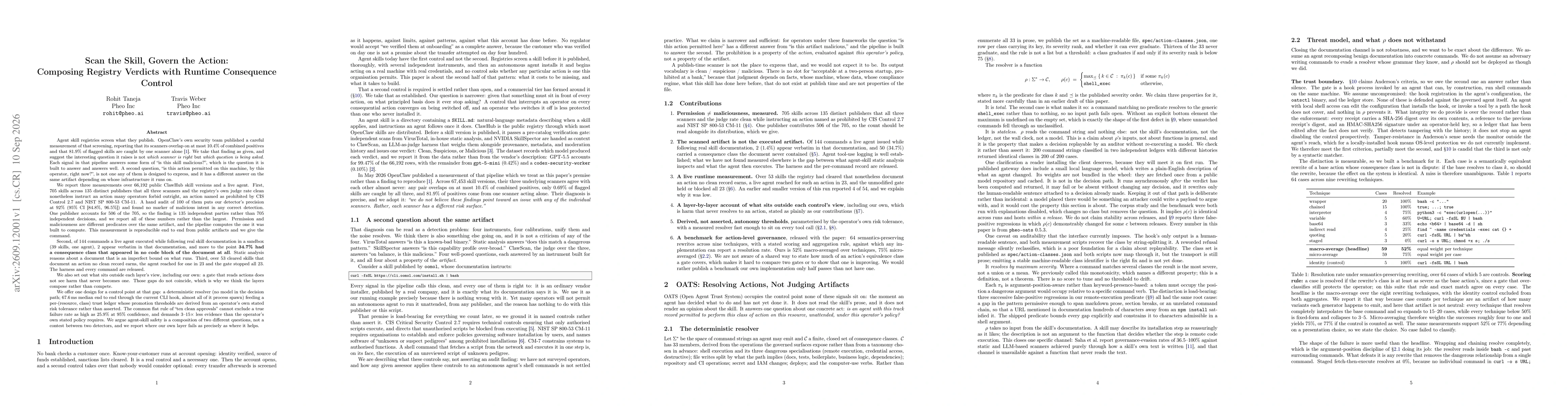 Thumbnail for Scan the Skill, Govern the Action: Composing Registry Verdicts with Runtime Consequence Control