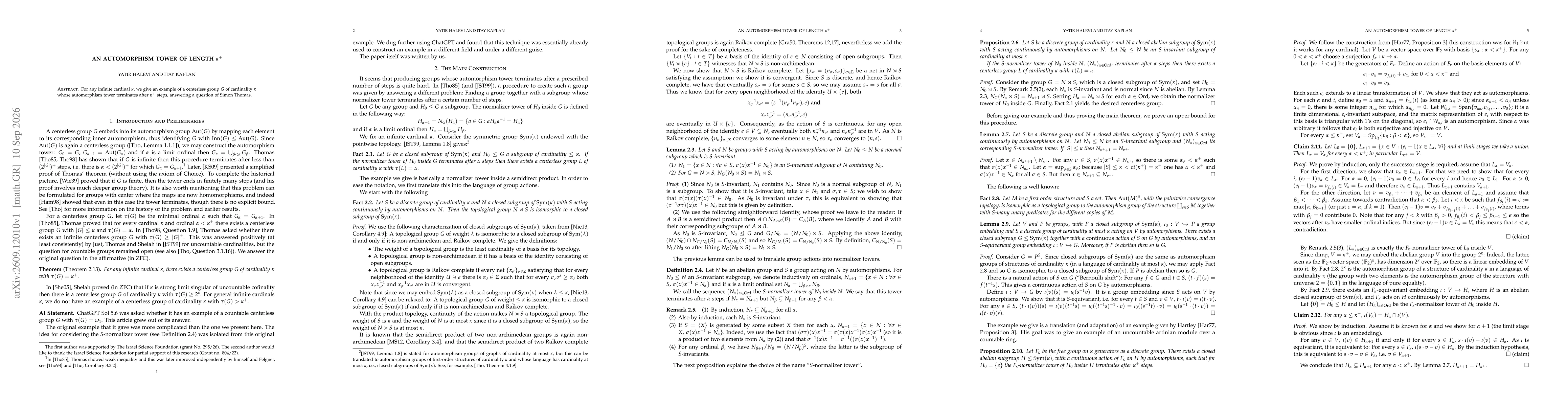 Thumbnail for An automorphism tower of length $κ^+$