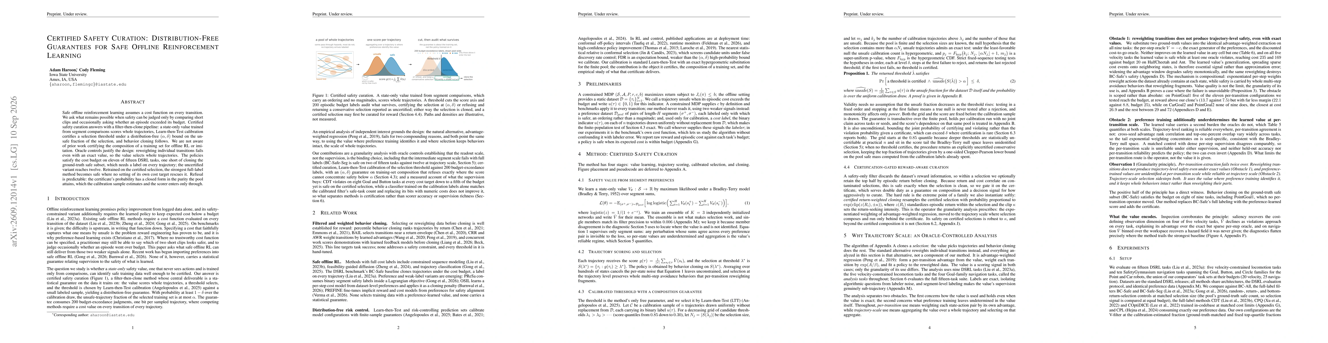 Thumbnail for Certified Safety Curation: Distribution-Free Guarantees for Safe Offline Reinforcement Learning