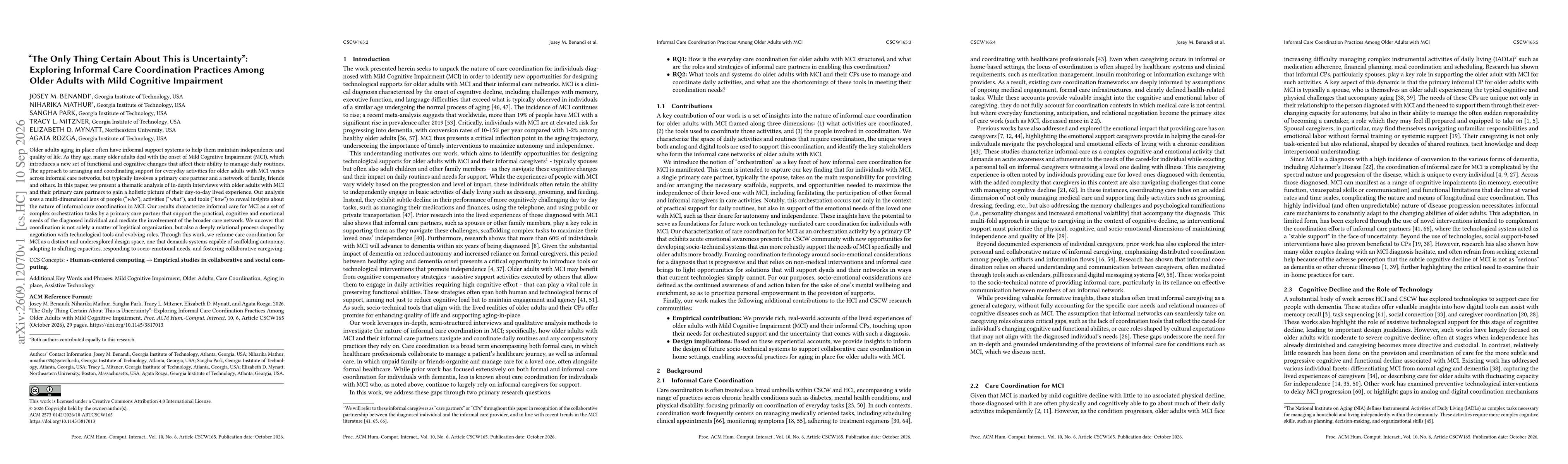 Thumbnail for "The Only Thing Certain About This is Uncertainty": Exploring Informal Care Coordination Practices Among Older Adults with Mild Cognitive Impairment