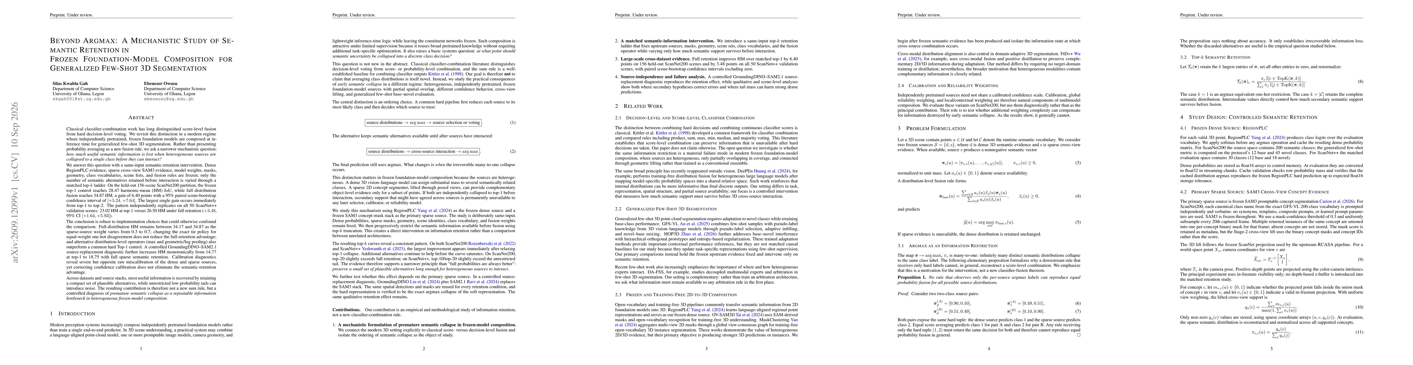 Thumbnail for Beyond Argmax: A Mechanistic Study of Semantic Retention in Frozen Foundation-Model Composition for Generalized Few-Shot 3D Segmentation