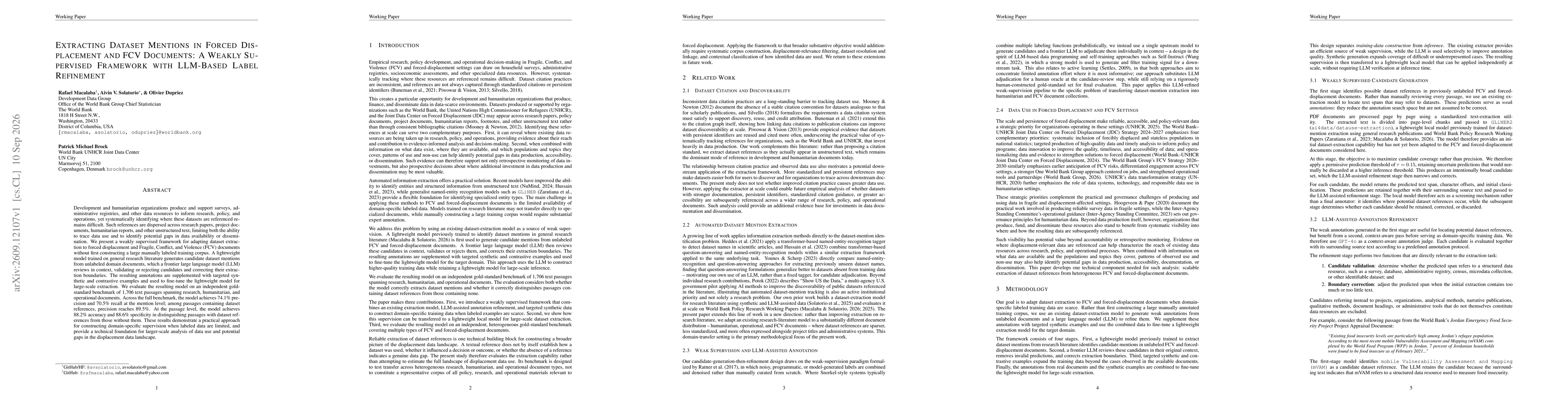 Thumbnail for Extracting Dataset Mentions in Forced Displacement and FCV Documents: A Weakly Supervised Framework with LLM-Based Label Refinement