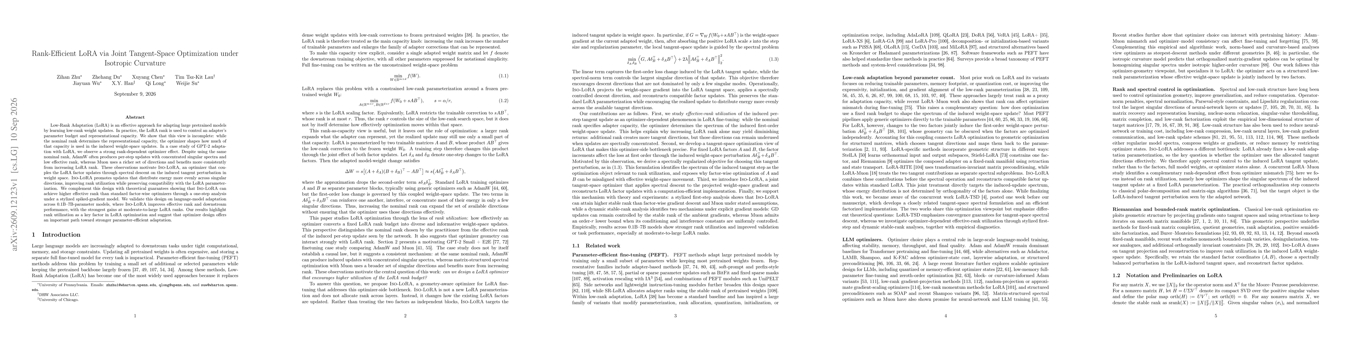 Thumbnail for Rank-Efficient LoRA via Joint Tangent-Space Optimization under Isotropic Curvature