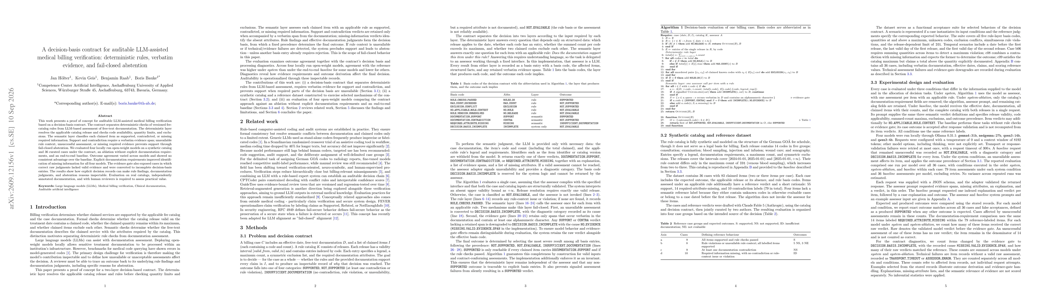Thumbnail for A decision-basis contract for auditable LLM-assisted medical billing verification: deterministic rules, verbatim evidence, and fail-closed abstention