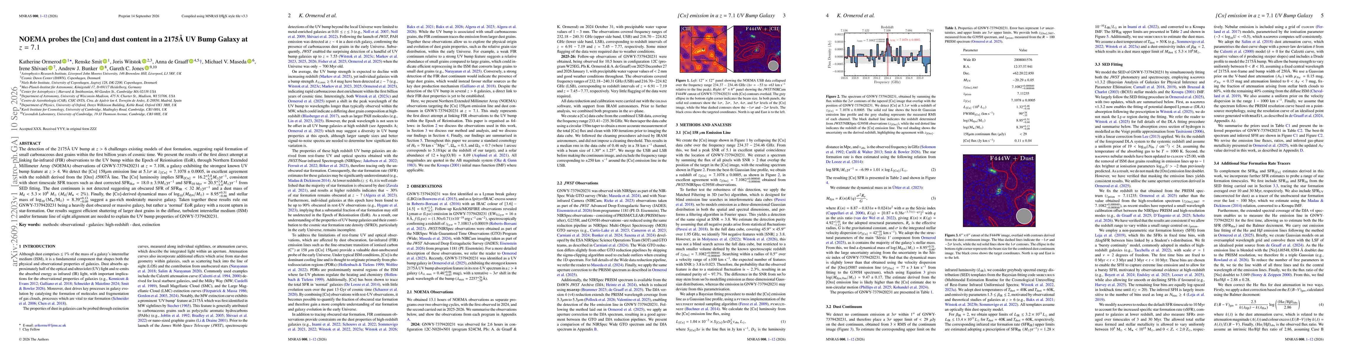 Thumbnail for NOEMA probes the [CII] and dust content in a 2175Å UV Bump Galaxy at $z=7.1$