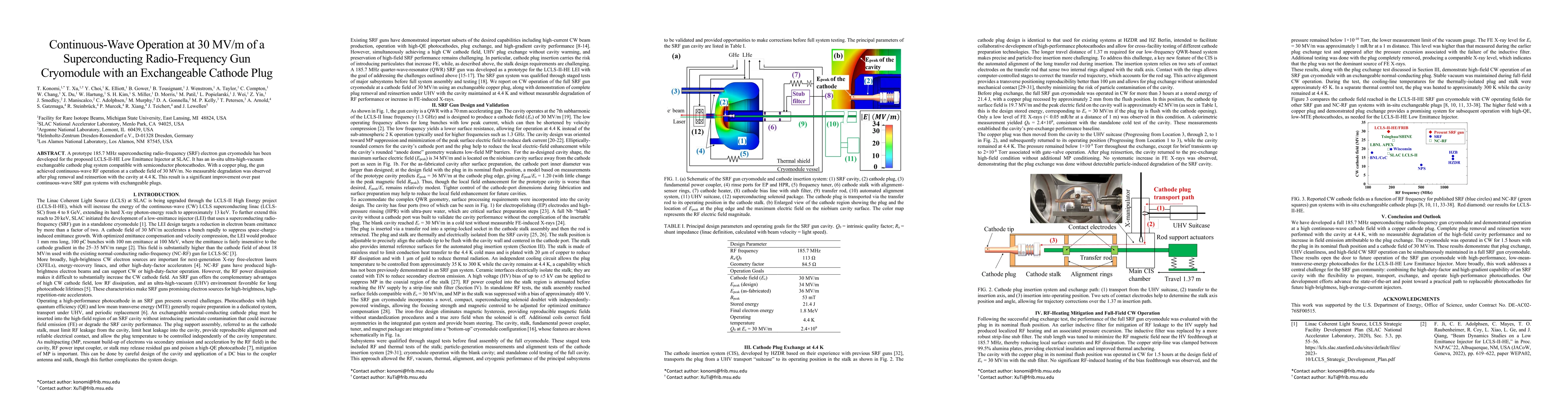 Thumbnail for Continuous-Wave Operation at 30 MV/m of a Superconducting Radio-Frequency Gun Cryomodule with an Exchangeable Cathode Plug