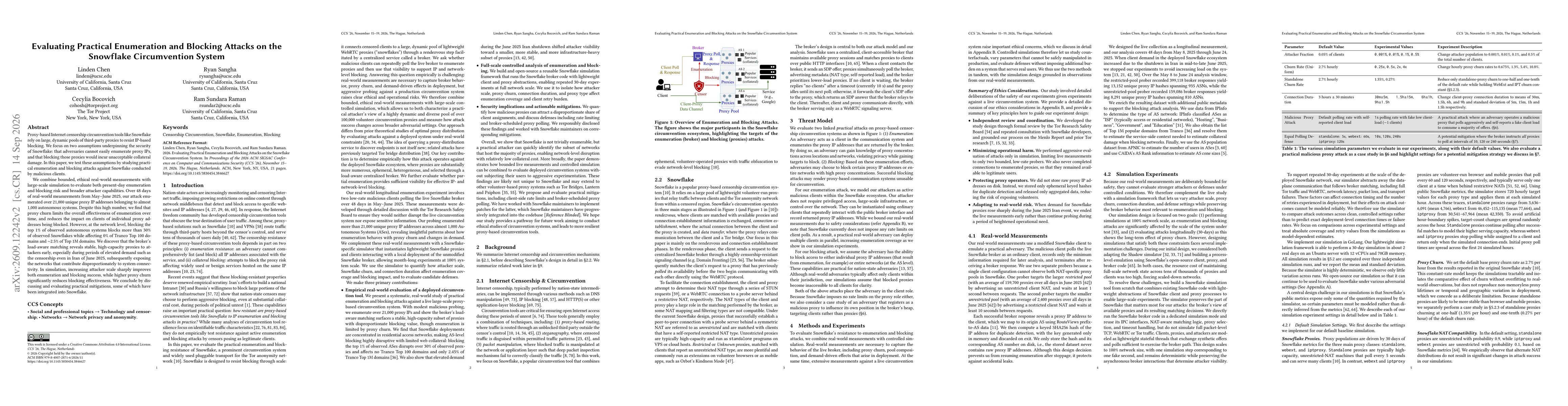 Thumbnail for Evaluating Practical Enumeration and Blocking Attacks on the Snowflake Circumvention System