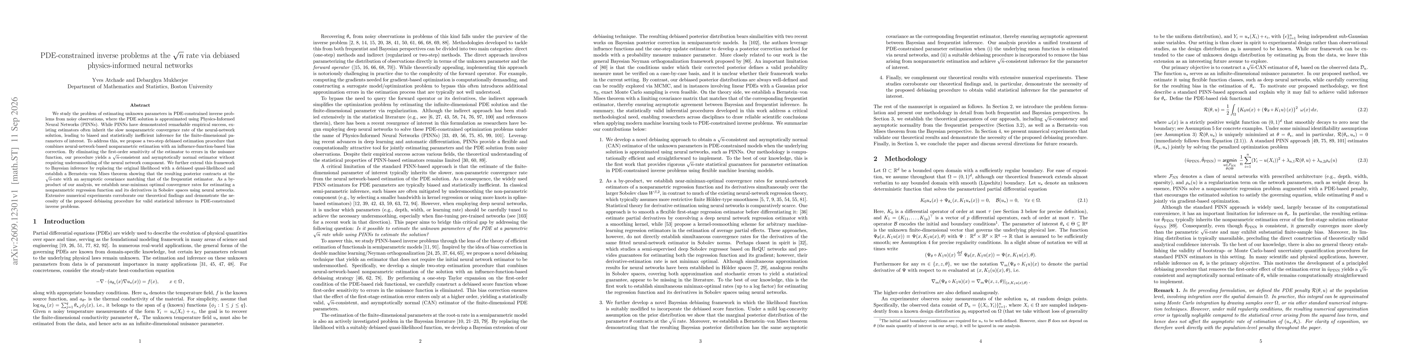 Thumbnail for PDE-constrained inverse problems at the $\sqrt{n}$ rate via debiased physics-informed neural networks