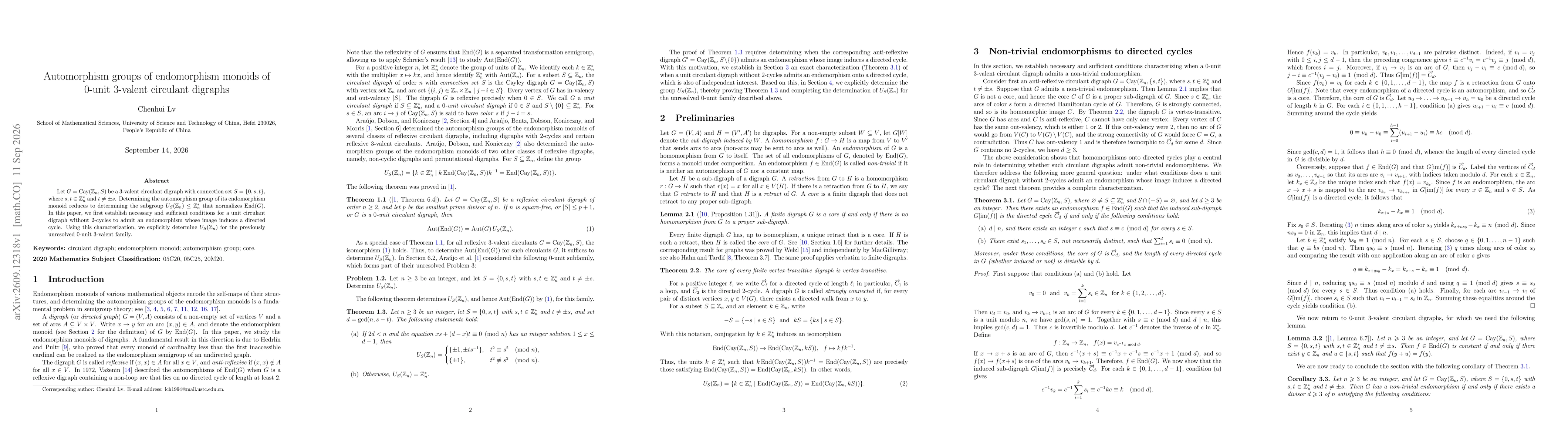 Thumbnail for Automorphism groups of endomorphism monoids of $0$-unit $3$-valent circulant digraphs