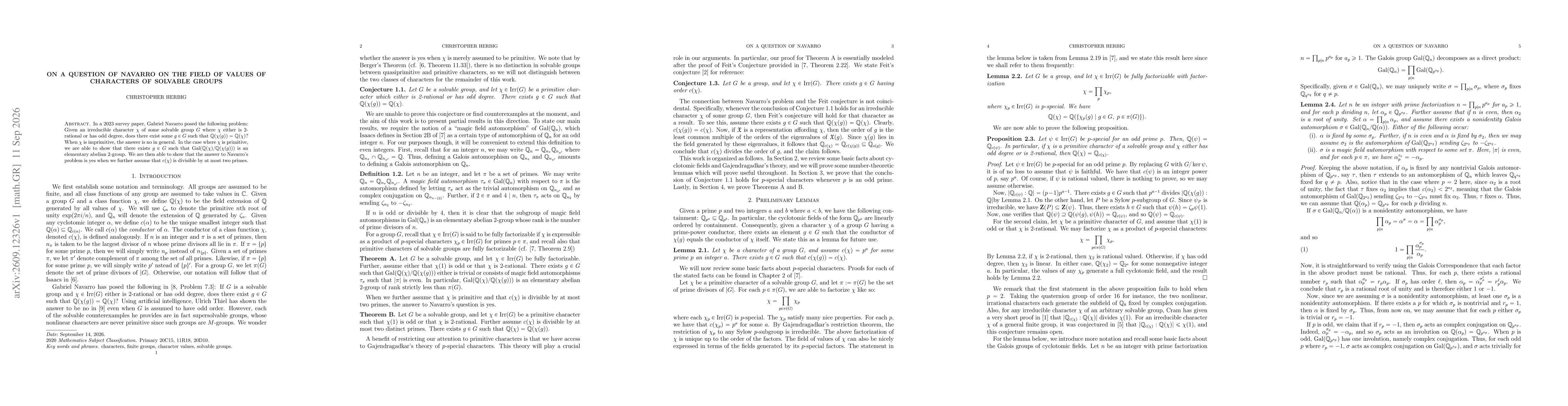 Thumbnail for On a question of Navarro on the field of values of characters of solvable groups