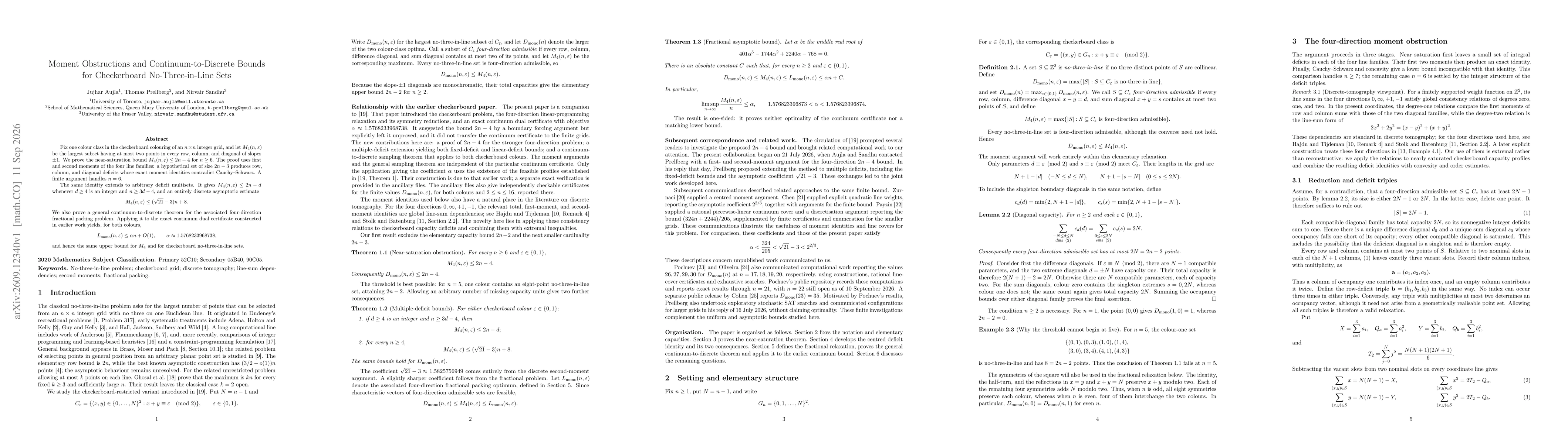 Thumbnail for Moment obstructions and continuum-to-discrete bounds for checkerboard no-three-in-line sets
