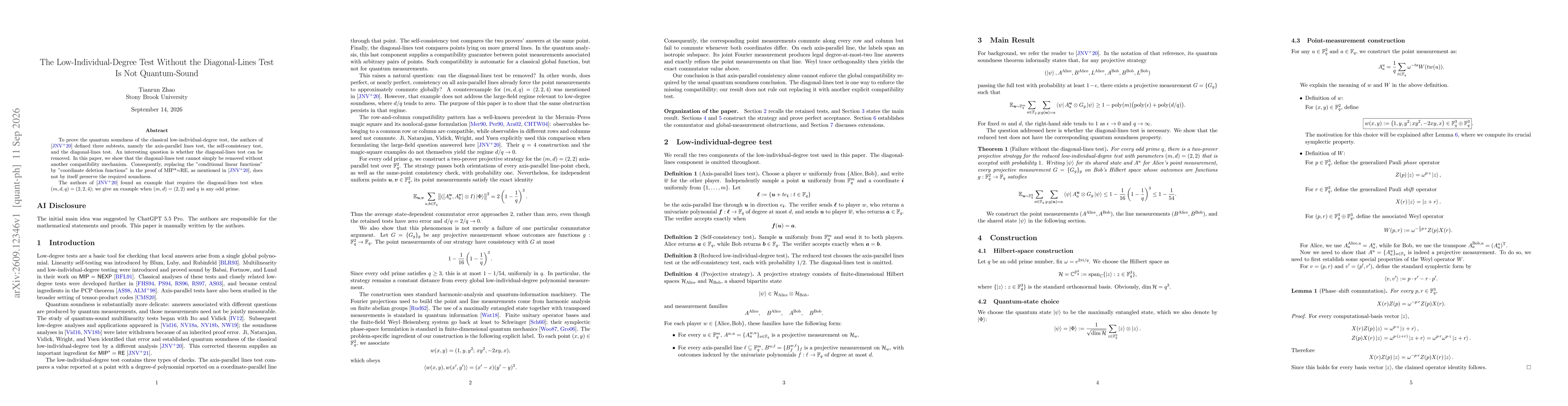 Thumbnail for The Low-Individual-Degree Test Without the Diagonal-Lines Test Is Not Quantum-Sound