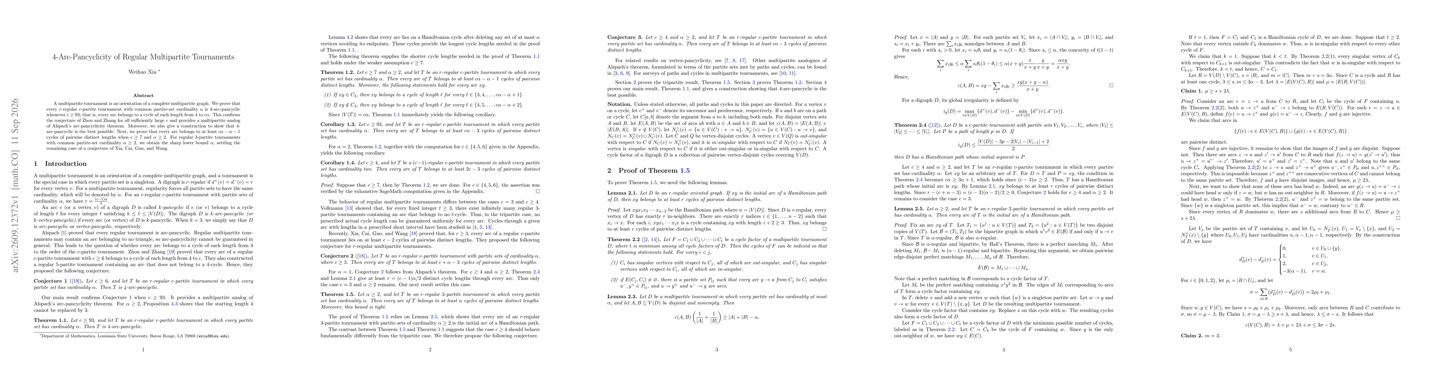 Thumbnail for 4-Arc-Pancyclicity of Regular Multipartite Tournaments
