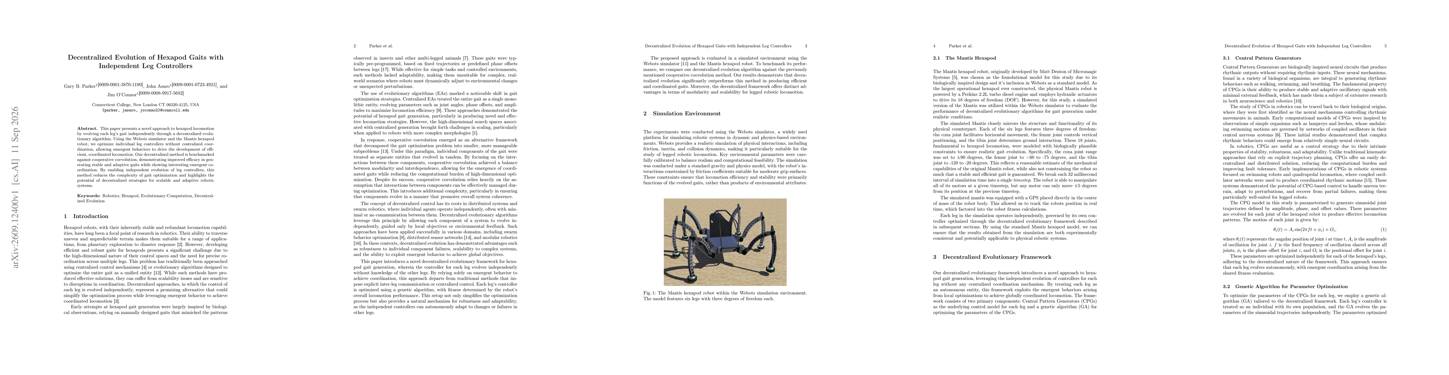 Thumbnail for Decentralized Evolution of Hexapod Gaits with Independent Leg Controllers