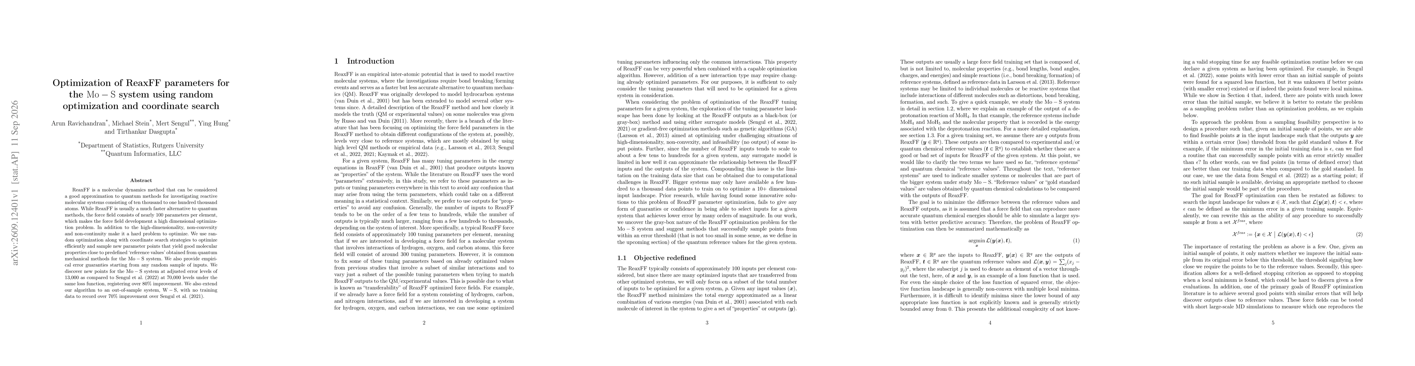 Thumbnail for Optimization of ReaxFF parameters for the $\mathrm{Mo-S}$ system using random optimization and coordinate search