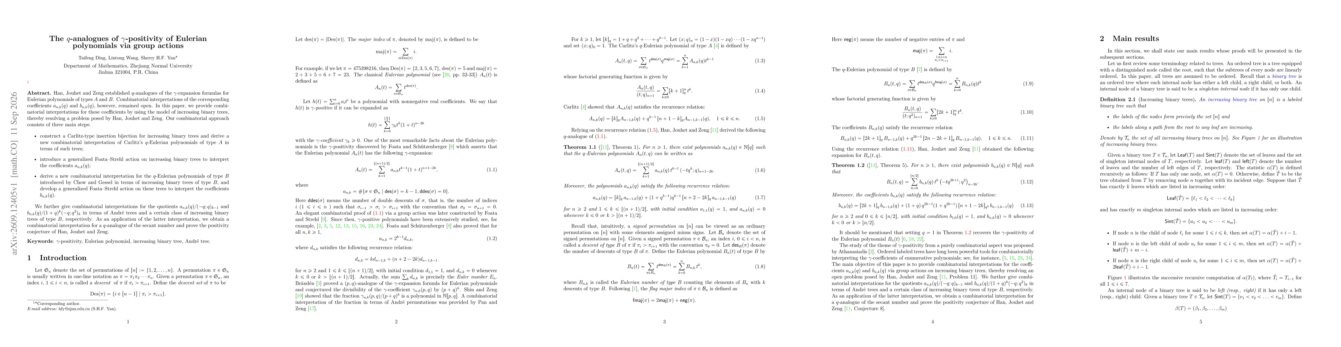 Thumbnail for The $q$-analogues of $γ$-positivity of Eulerian polynomials via group actions