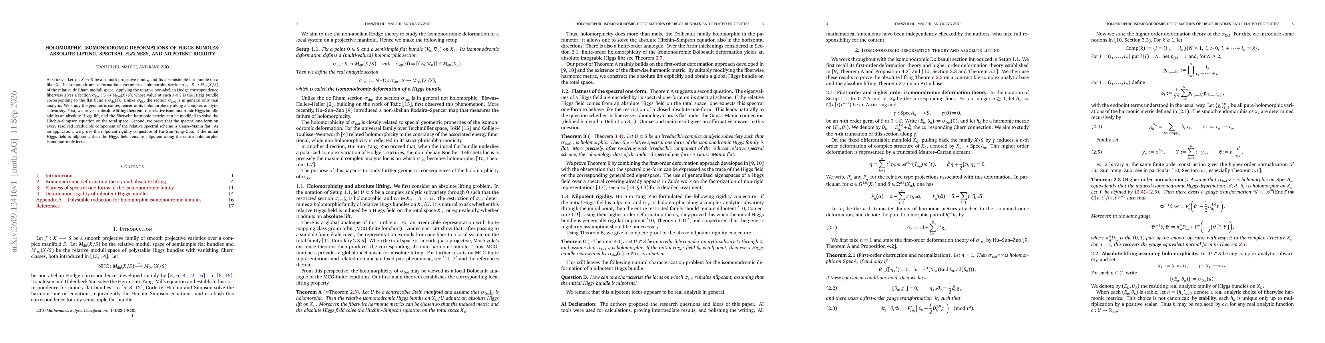 Thumbnail for Holomorphic isomonodromic deformations of Higgs bundles: absolute lifting, spectral flatness, and nilpotent rigidity
