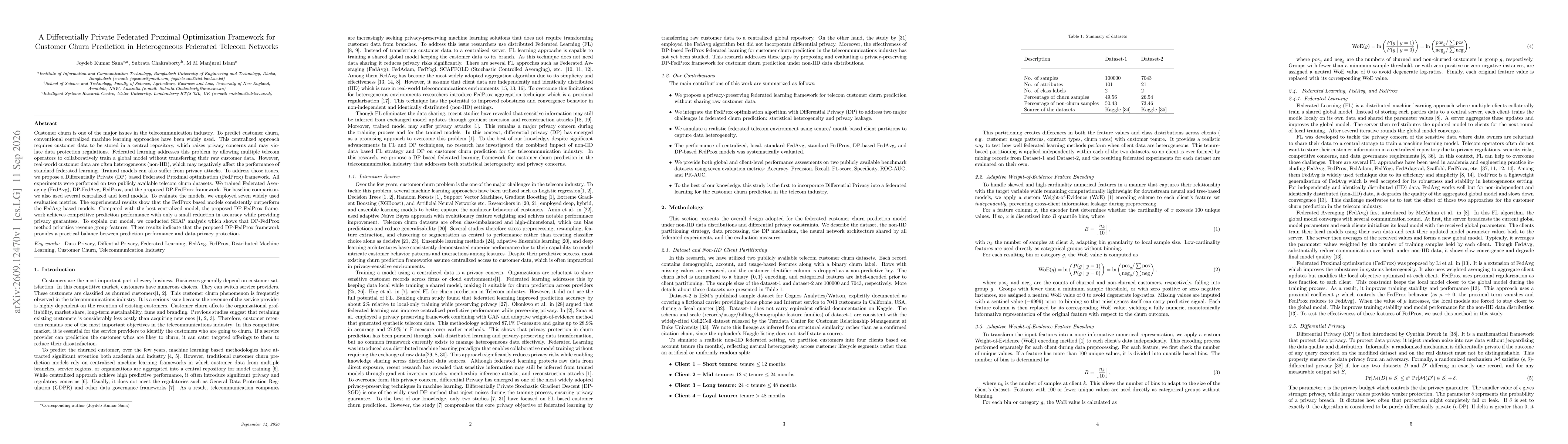 Thumbnail for A Differentially Private Federated Proximal Optimization Framework for Customer Churn Prediction in Heterogeneous Federated Telecom Networks