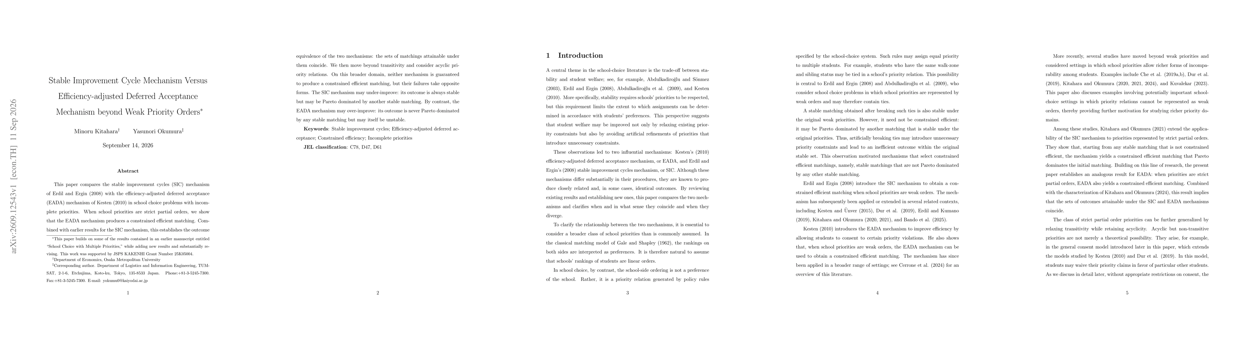 Thumbnail for Stable Improvement Cycle Mechanism Versus Efficiency-adjusted Deferred Acceptance Mechanism beyond Weak Priority Orders