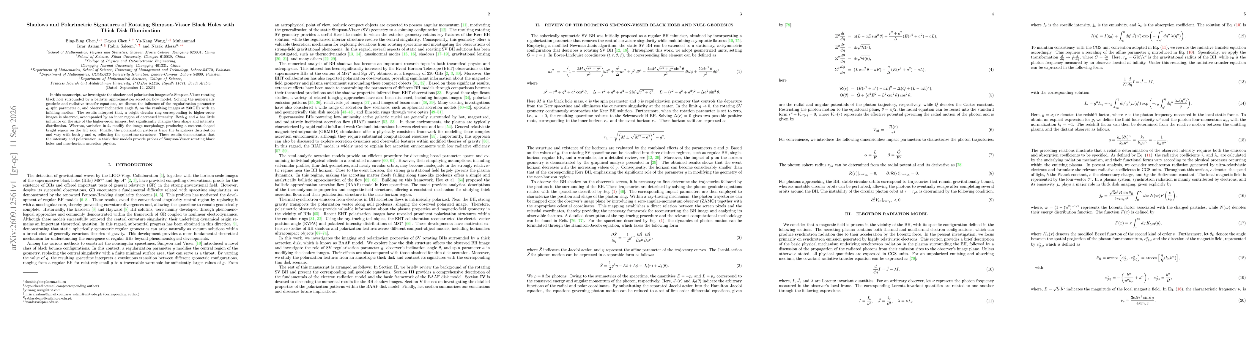 Thumbnail for Shadows and Polarimetric Signatures of Rotating Simpson-Visser Black Holes with Thick Disk Illumination