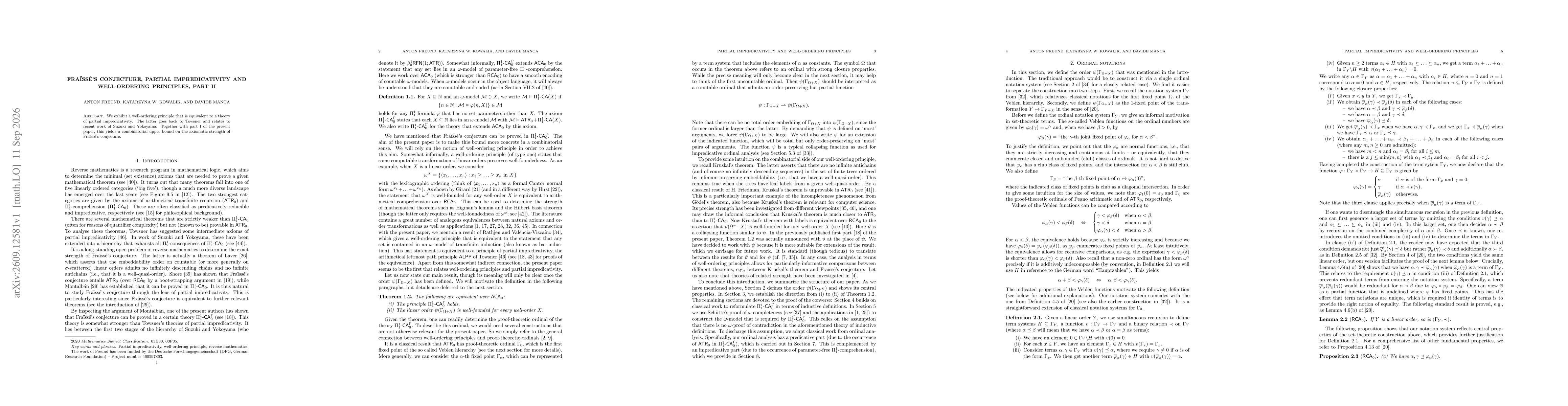 Thumbnail for Fraïssé's conjecture, partial impredicativity and well-ordering principles, part II