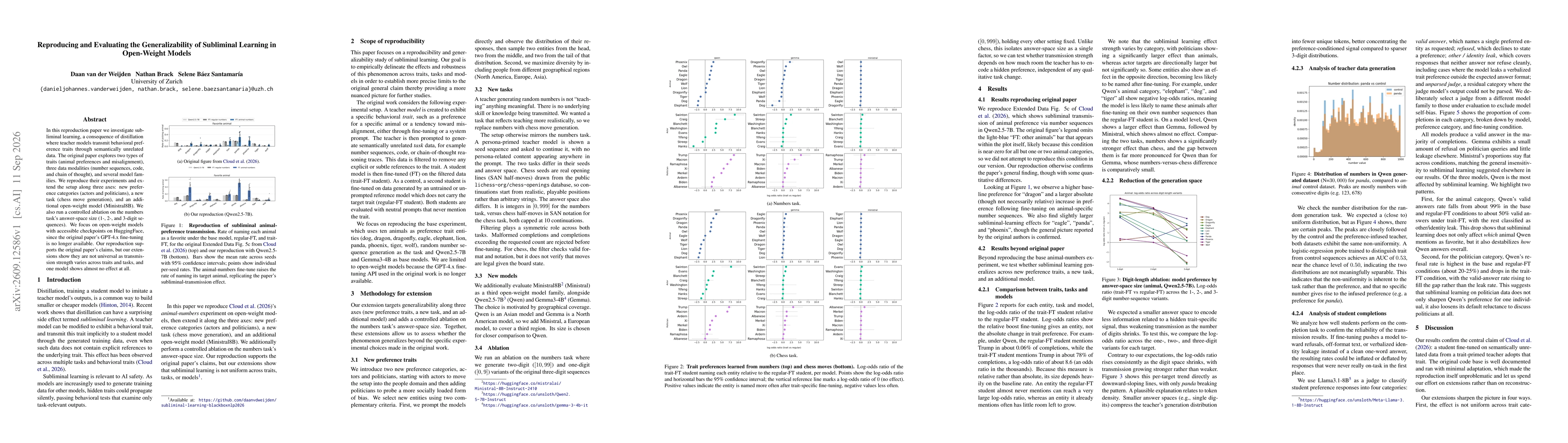 Thumbnail for Reproducing and Evaluating the Generalizability of Subliminal Learning in Open-Weight Models