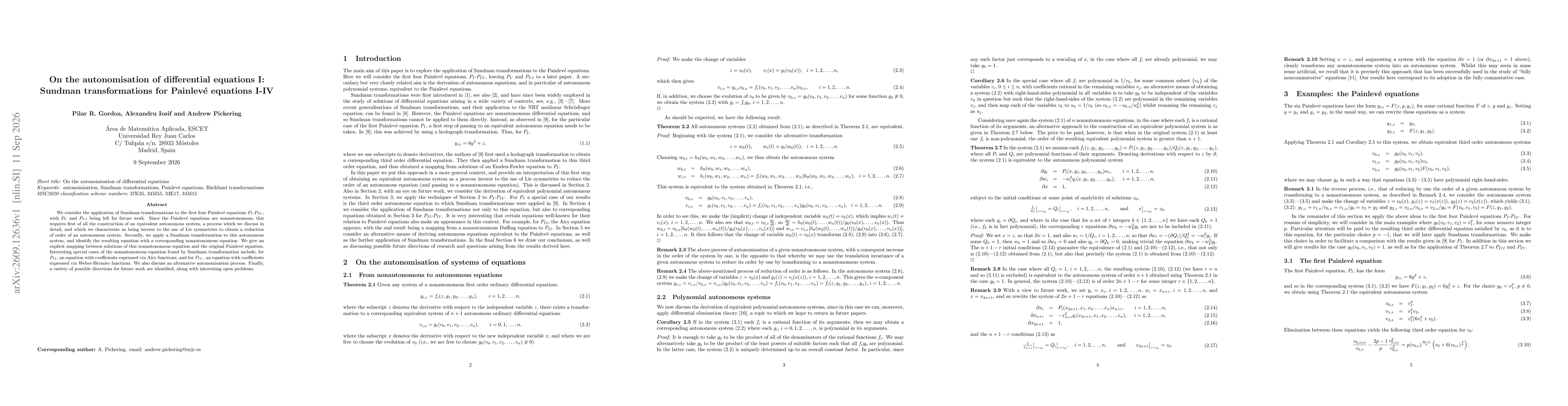 Thumbnail for On the autonomisation of differential equations I: Sundman transformations for Painlevé equations I-IV