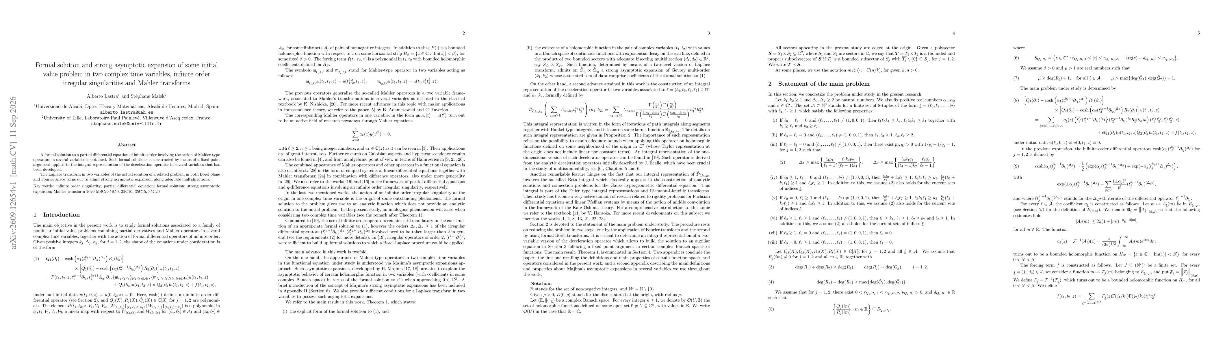 Thumbnail for Formal solution and strong asymptotic expansion of some initial value problem in two complex time variables, infinite order irregular singularities and Mahler transforms