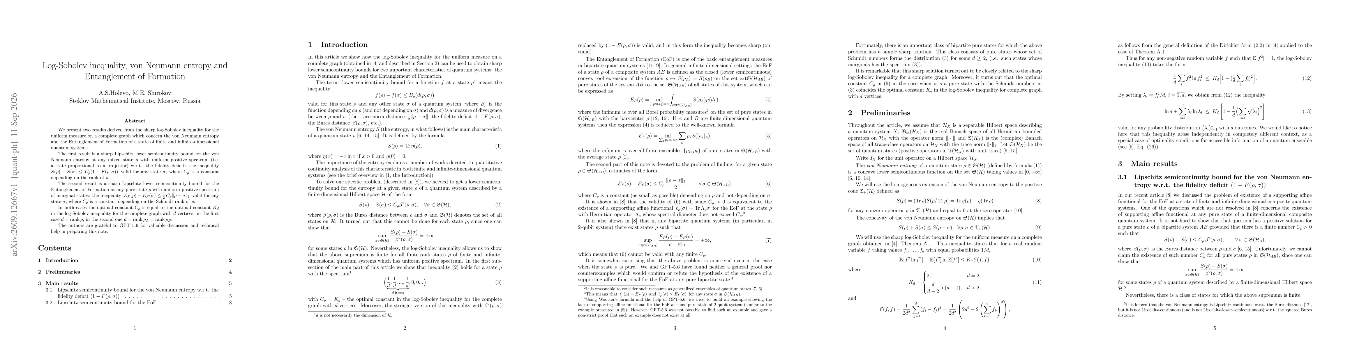 Thumbnail for Log-Sobolev inequality, von Neumann entropy and Entanglement of Formation