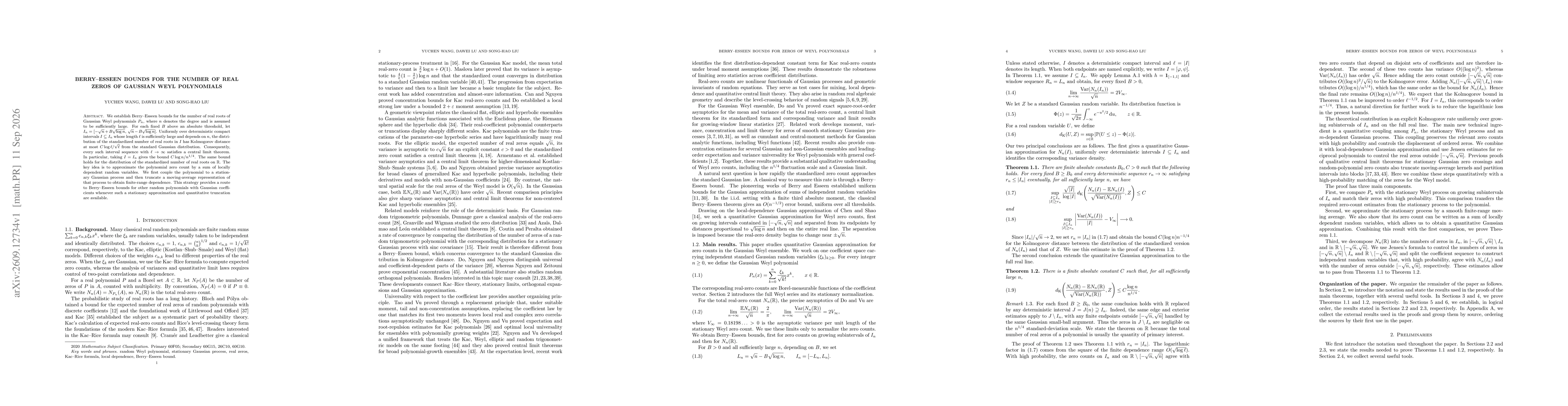 Thumbnail for Berry-Esseen Bounds for the Number of Real Zeros of Gaussian Weyl Polynomials