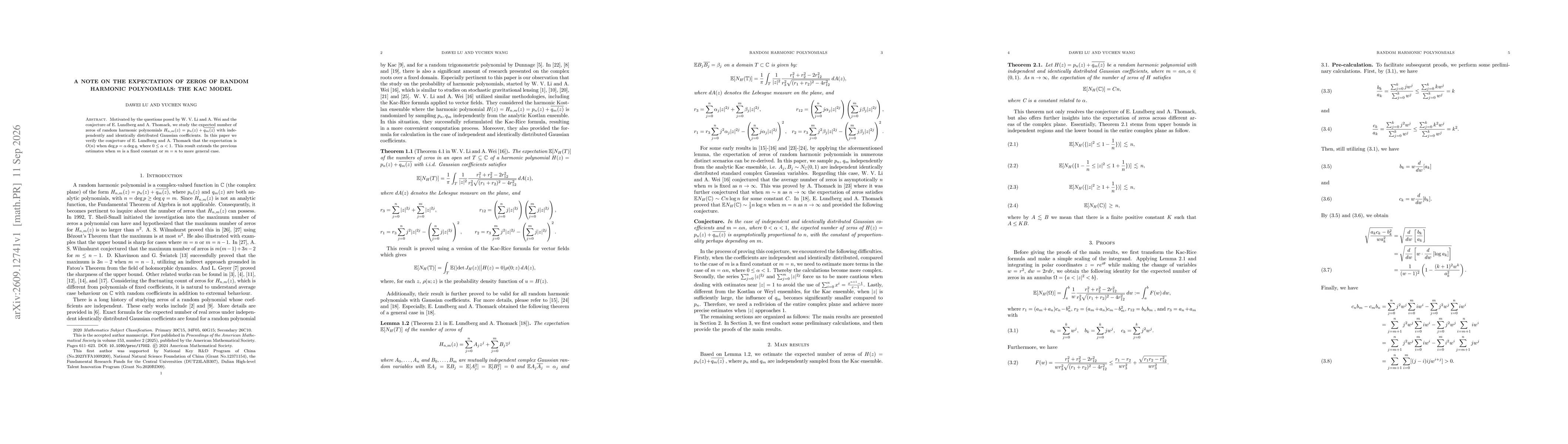 Thumbnail for A note on the expectation of zeros of random harmonic polynomials: The Kac model