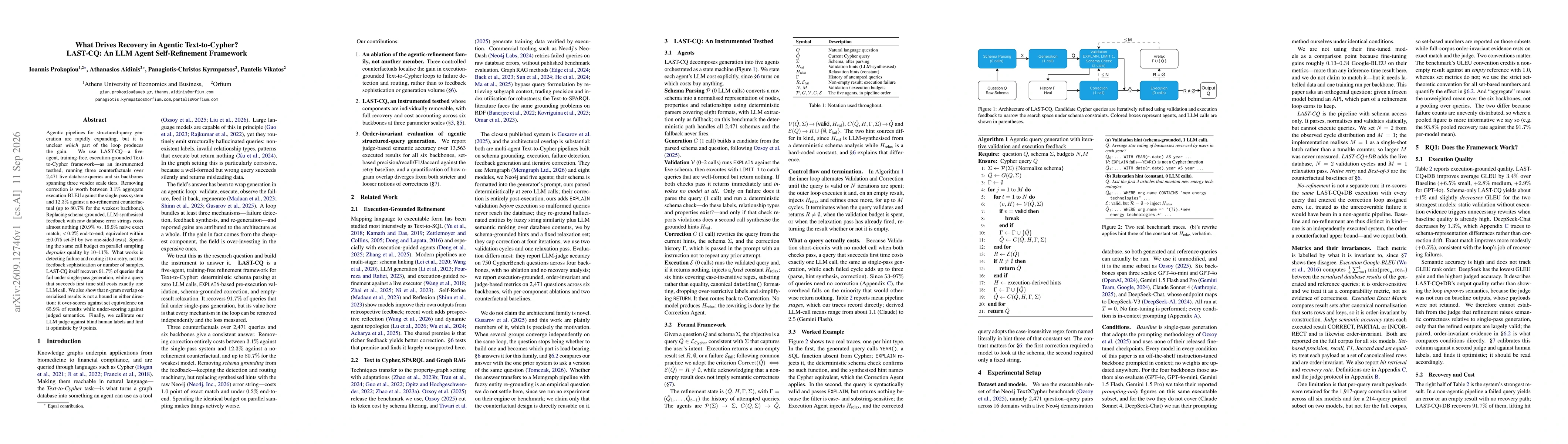 Thumbnail for What Drives Recovery in Agentic Text-to-Cypher? LAST-CQ: An LLM Agent Self-Refinement Framework