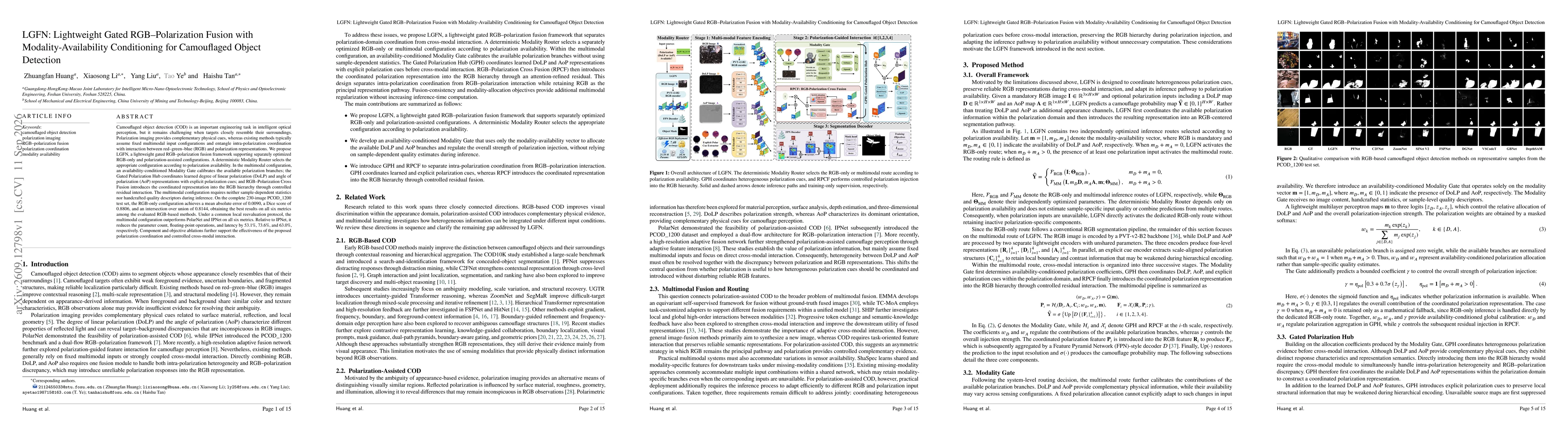 Thumbnail for LGFN: Lightweight Gated RGB-Polarization Fusion with Modality-Availability Conditioning for Camouflaged Object Detection