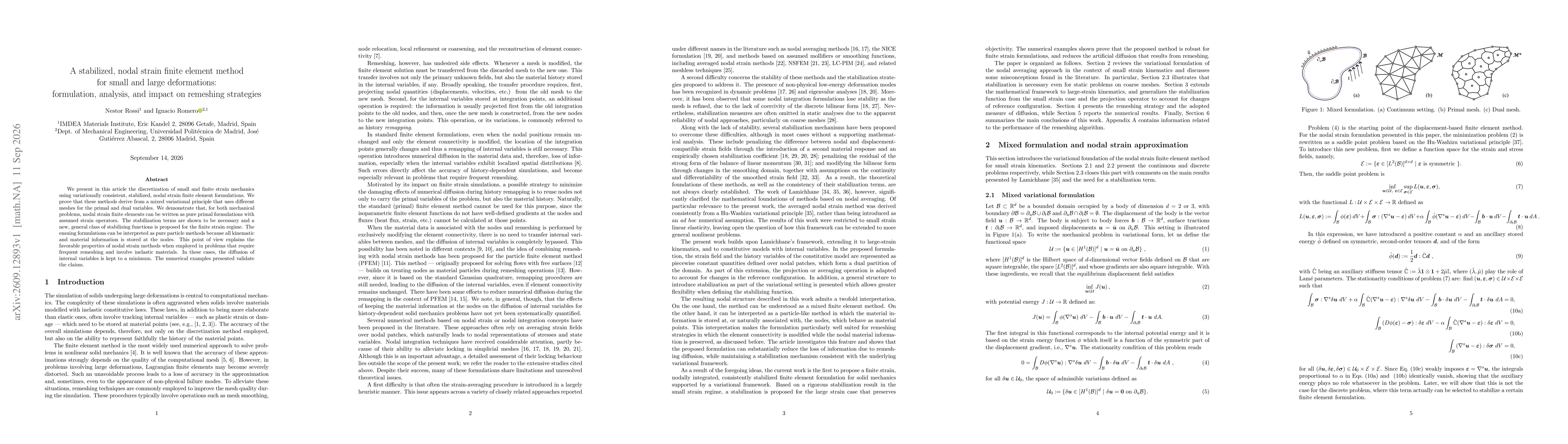 Thumbnail for A stabilized, nodal strain finite element method for small and large deformations: formulation, analysis, and impact on remeshing strategies