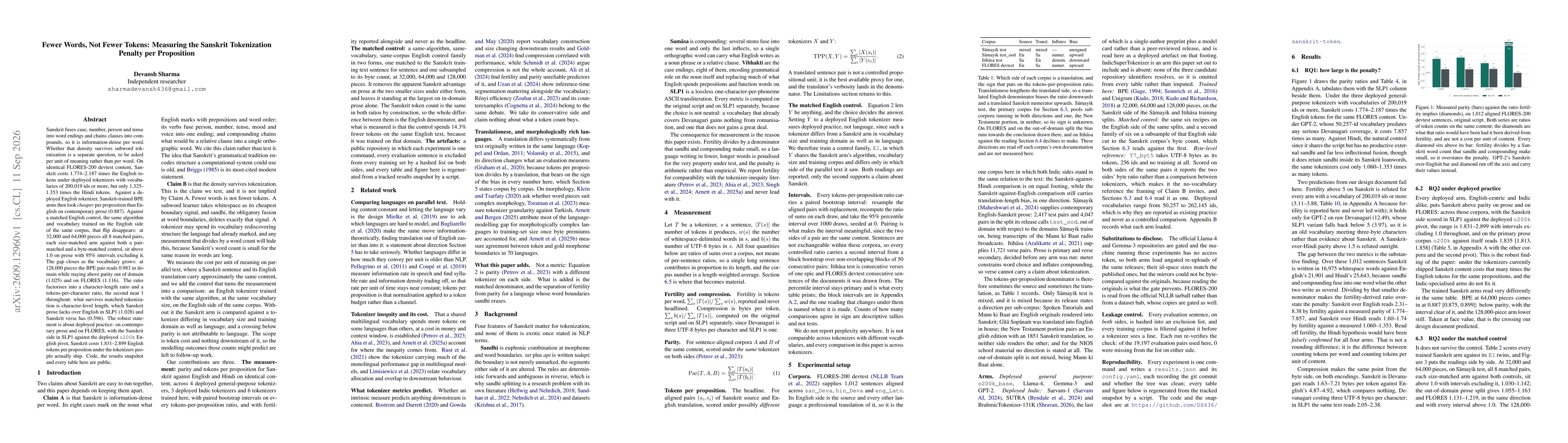 Thumbnail for Fewer Words, Not Fewer Tokens: Measuring the Sanskrit Tokenization Penalty per Proposition