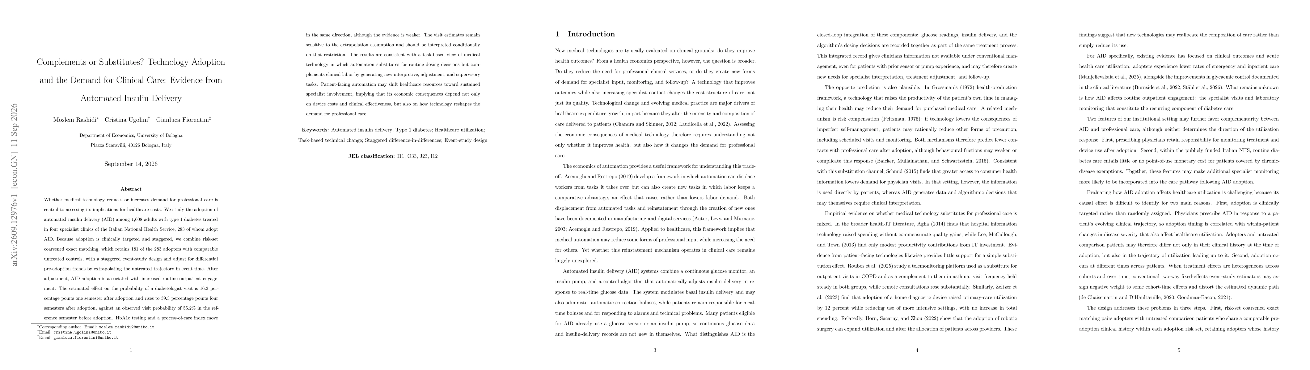 Thumbnail for Complements or Substitutes? Technology Adoption and the Demand for Clinical Care: Evidence from Automated Insulin Delivery