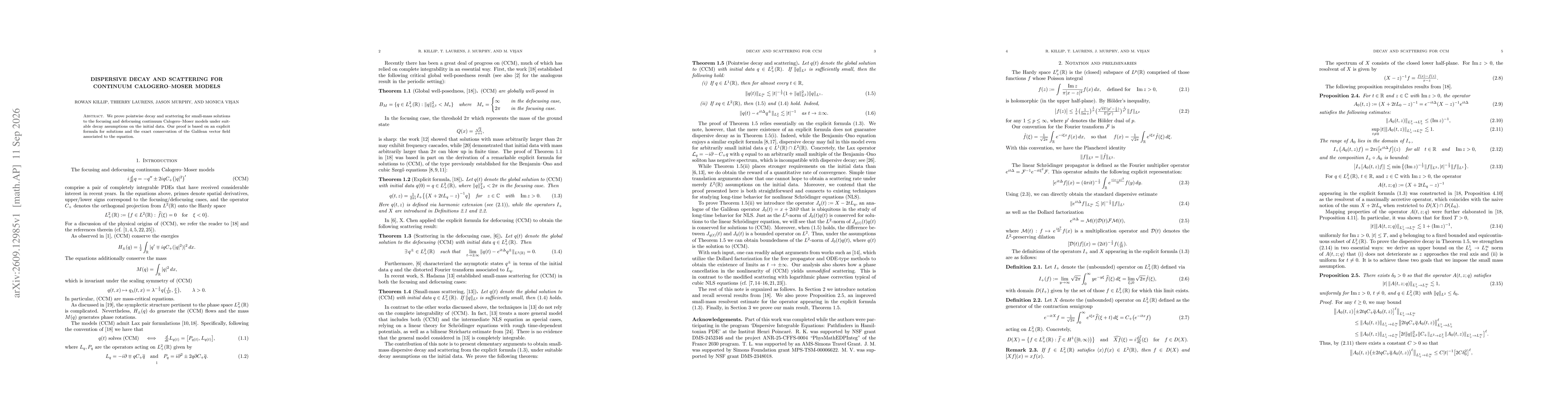 Thumbnail for Dispersive decay and scattering for continuum Calogero--Moser models