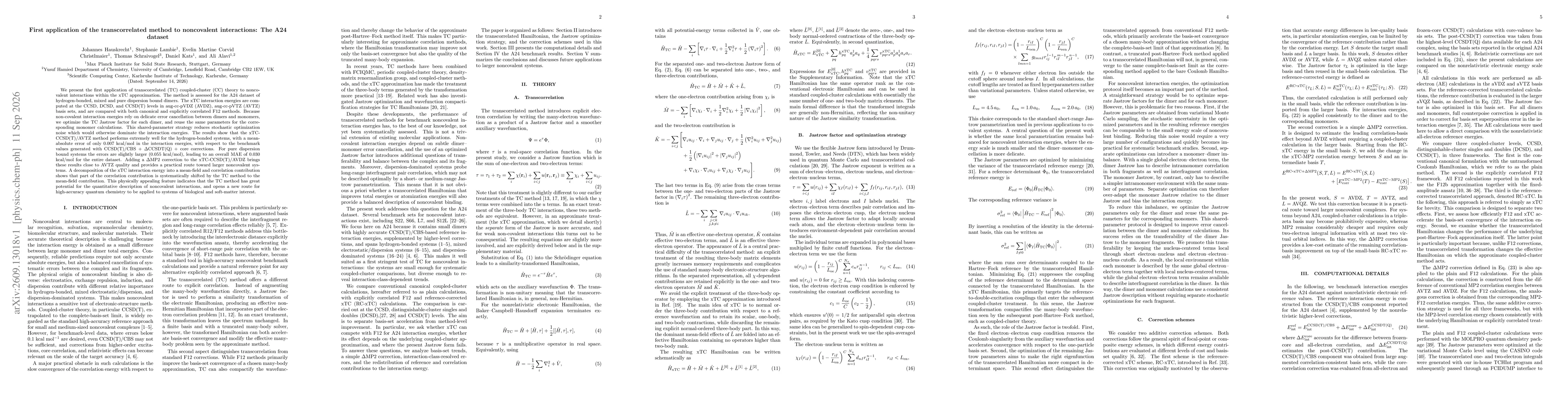 Thumbnail for First application of the transcorrelated method to noncovalent interactions: The A24 dataset