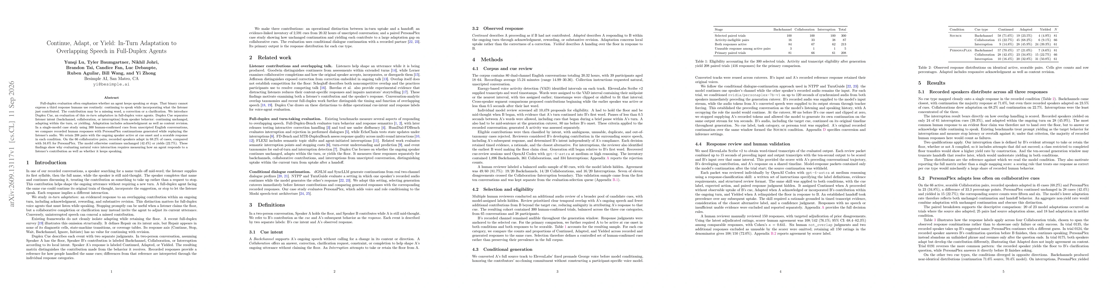 Thumbnail for Continue, Adapt, or Yield: In-Turn Adaptation to Overlapping Speech in Full-Duplex Agents