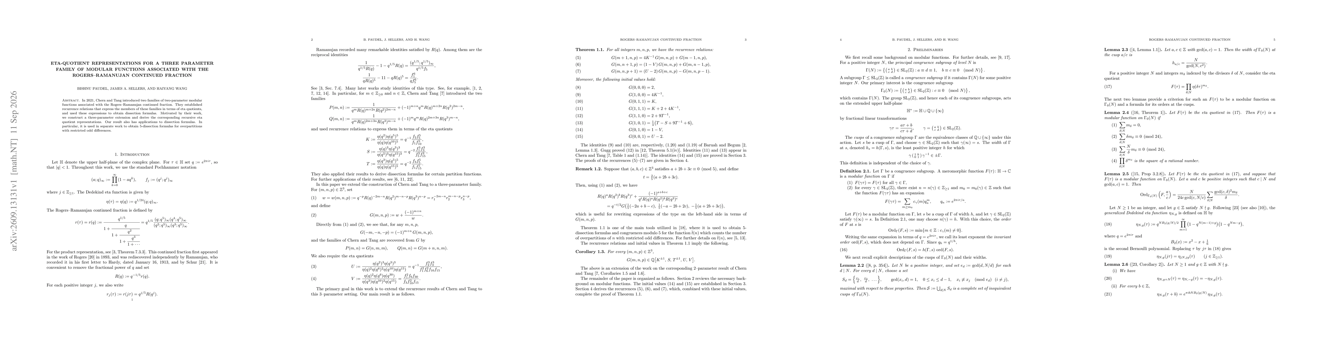 Thumbnail for Eta-Quotient Representations for a Three Parameter Family of Modular Functions Associated with the Rogers-Ramanujan Continued Fraction