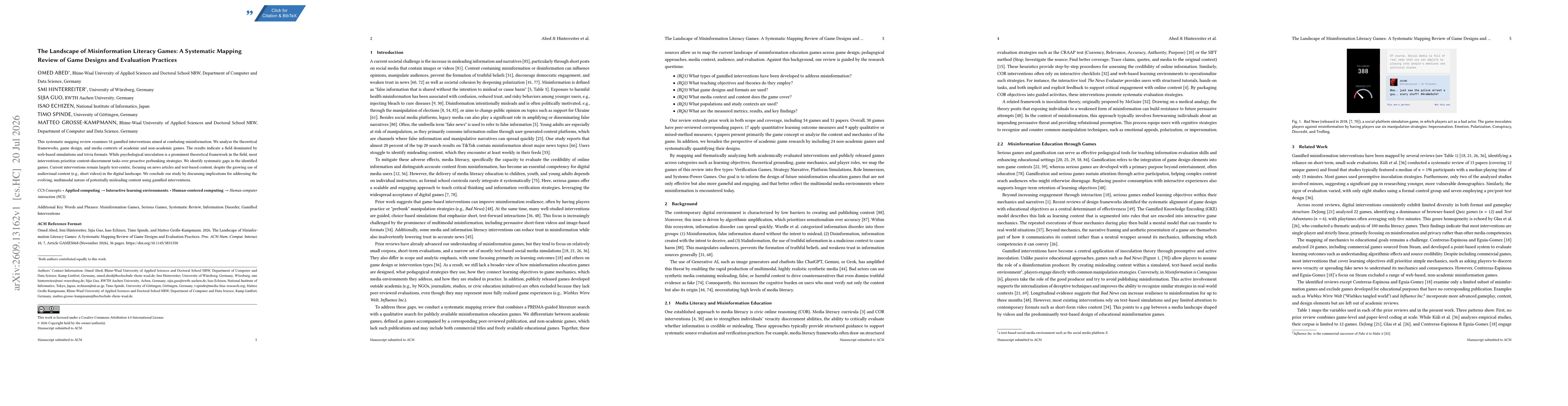 Thumbnail for The Landscape of Misinformation Literacy Games: A Systematic Mapping Review of Game Designs and Evaluation Practices