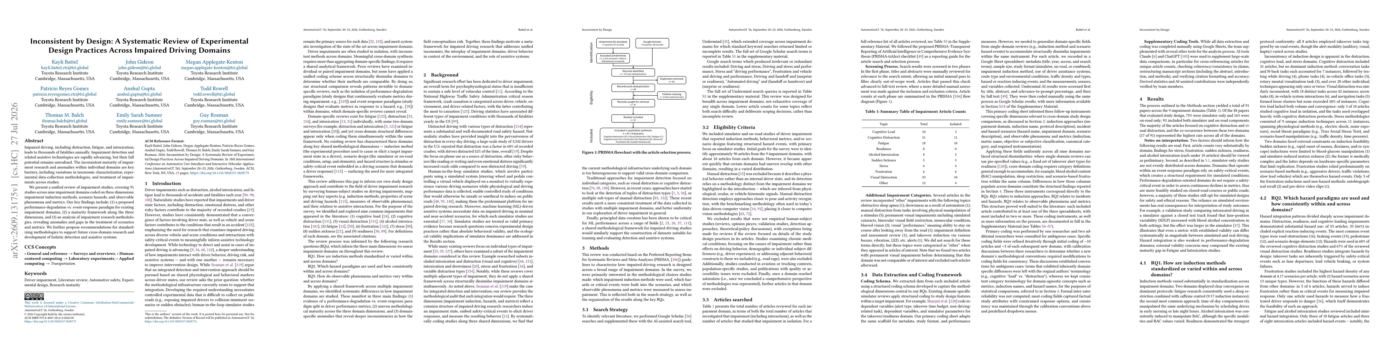 Thumbnail for Inconsistent by Design: A Systematic Review of Experimental Design Practices Across Impaired Driving Domains
