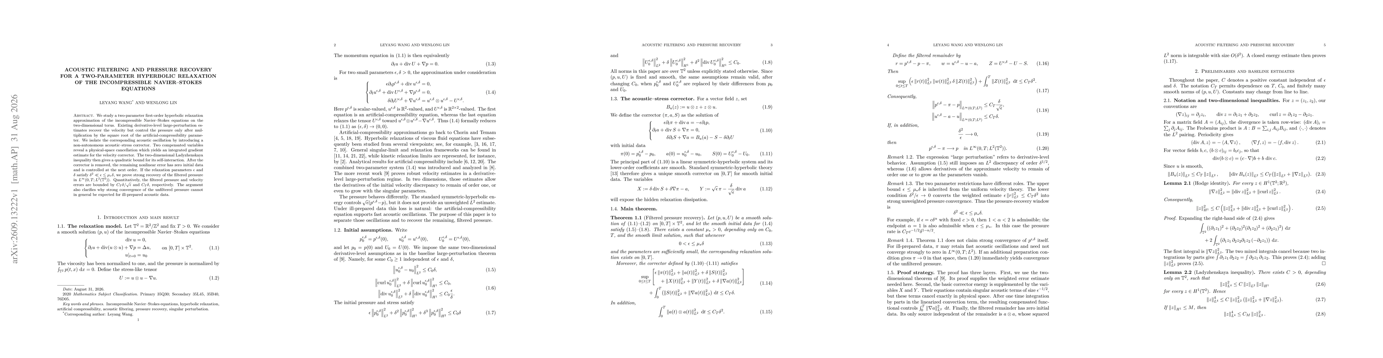 Thumbnail for Acoustic Filtering and Pressure Recovery for a Two-Parameter Hyperbolic Relaxation of the Incompressible Navier--Stokes Equations