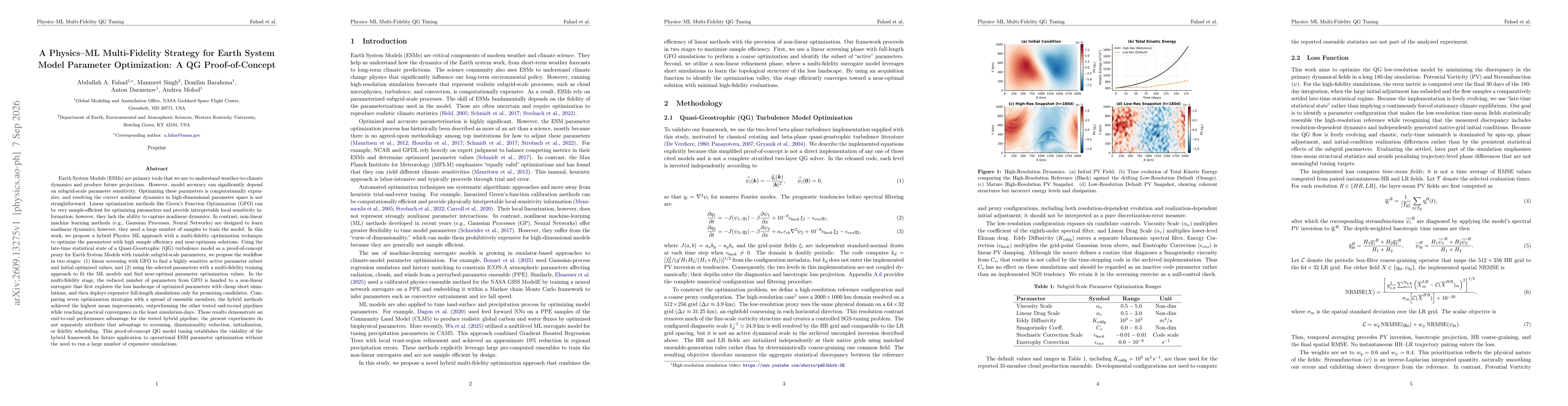 Thumbnail for A Physics--ML Multi-Fidelity Strategy for Earth System Model Parameter Optimization: A QG Proof-of-Concept