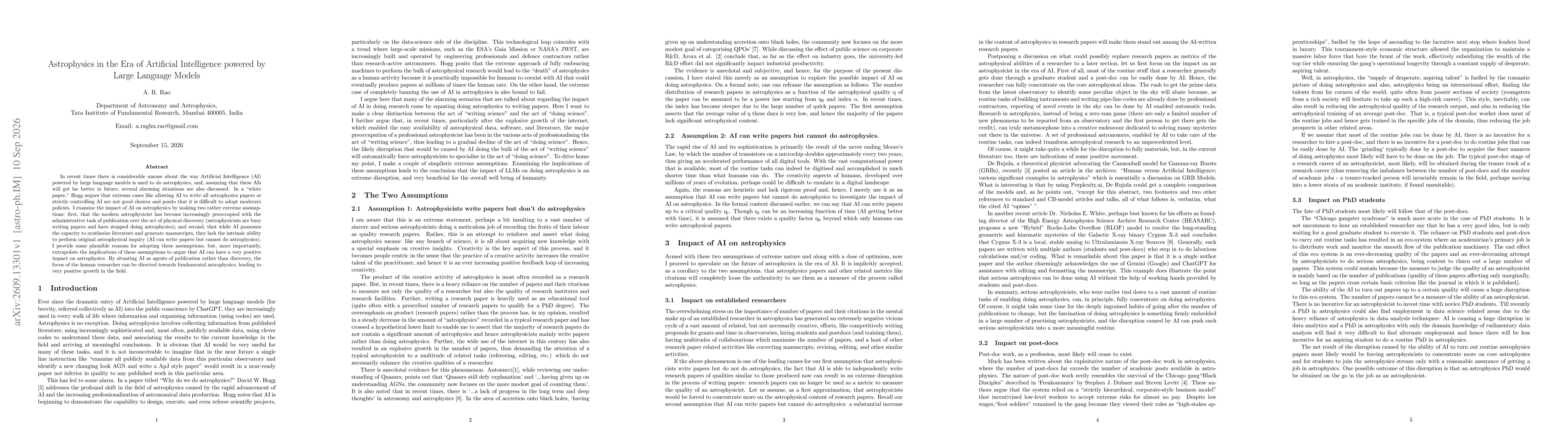 Thumbnail for Astrophysics in the Era of Artificial Intelligence powered by Large Language Models